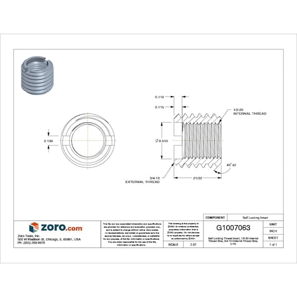 Heavy Wall Self Locking Thread Insert, 1/2"-20 Int Thrd Sz, Carbon Steel, 5 PK 2 Heavy Wall Self Locking Thread Insert, 1/2"-20 Int Thrd Sz, Carbon Steel, 5 PK - Image 2