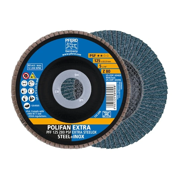 5" X 7/8" A.H. POLIFAN® Flap Disc - Z PSF EXTRA STEELOX, Zirconia, 80 Grit, Flat 1 5" X 7/8" A.H. POLIFAN® Flap Disc - Z PSF EXTRA STEELOX, Zirconia, 80 Grit, Flat