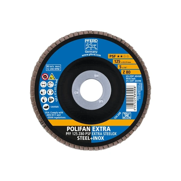 5" X 7/8" A.H. POLIFAN® Flap Disc - Z PSF EXTRA STEELOX, Zirconia, 80 Grit, Flat 2 5" X 7/8" A.H. POLIFAN® Flap Disc - Z PSF EXTRA STEELOX, Zirconia, 80 Grit, Flat - Image 2