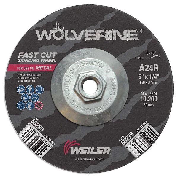 6"x1/4" Wolverine Type 27 Grinding Wheel A24R 5/8"-11 Nut 1 6"x1/4" Wolverine Type 27 Grinding Wheel A24R 5/8"-11 Nut