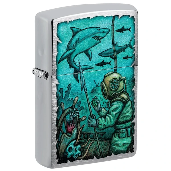 Zippo Shark Nautical Design Brushed Chrome Pocket Lighter 1 Zippo Shark Nautical Design Brushed Chrome Pocket Lighter
